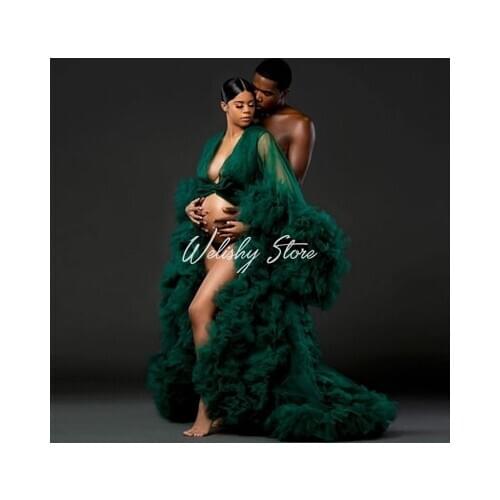 Sexy Dark Green Ruffles Long Pregnant Women Robes See Thru Tulle A-line Puffy Tulle Dress Maternity Photoshoot Vestido Plus Size