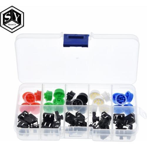 25PCS Tactile Push Button Switch Momentary 12*12*7.3MM Micro switch button + 25PCS Tact Cap(5 colors) for Arduino Switch