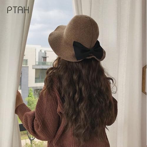 [PTAH] Knitted Woolen Hat For Women 2021 Autumn Winter Girls Female Brim Bow Caps Warmer Bonnet Ladies Casual Cap 2021 New Hats