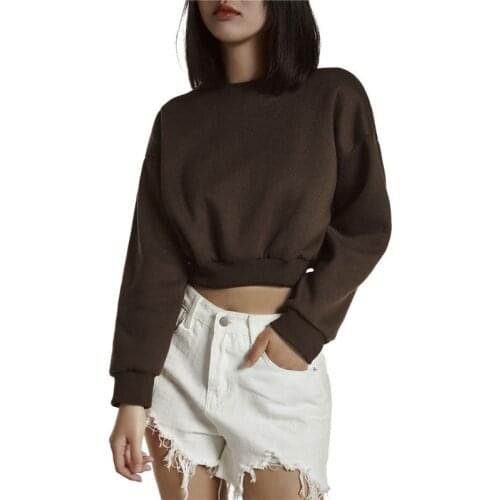Female Autumn Spring Short Pullovers Sweatshirts Solid Color Women O Neck Long Sleeve Elastic Sweatshirt Casual Streetwear S M L