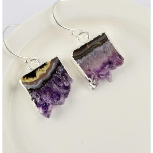 Amethysts Slice Druzy Earrings Silver Plated Earrings Crystal Drop Earrings Healing Crystal Women Earrings Girls Gifts