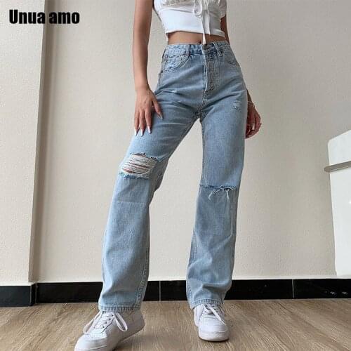 Unua amo 2021 Ripped Hole Baggy Jeans Womens Fashion Wild Casual Streetwear High Waist Straight Trousers Denim Pants For Women