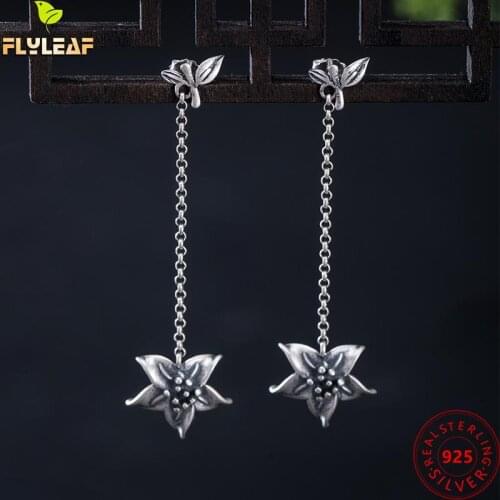 Thai Silver Retro Flower Long Tassel Earrings For Women 925 Sterling Silver Handmade Female Vintage Jewelry
