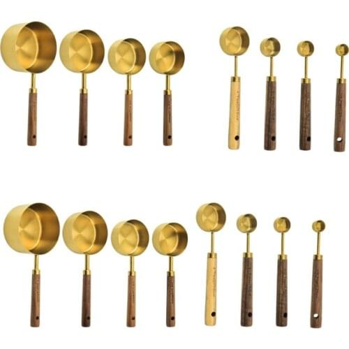 2021 New 4/8pcs Stainless Steel Measuring Spoons Cups Wooden Handle Household Kitchen Dining Bar