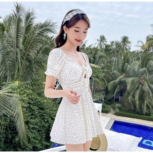 2021 New Korean Sexy One Piece Swimsuit Solid Swimwear Women Dot Monokini Push Up Bathing Suit Swim Suit Swimskirt