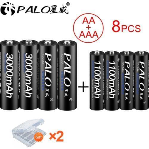 PALO 4Pcs 1.2V 3000mAh AA Rechargeable Battery AA NiMH 1.2V Ni-MH Pre-charged Bateria+4pcs AAA Battery Baterias Bateria Black