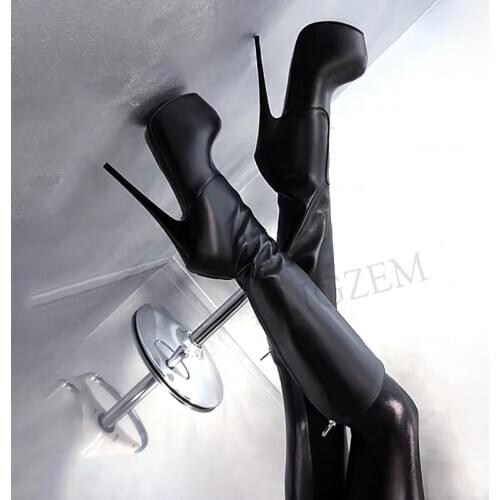 BERZIMER Women Knee High Platform Boots Faux Leather Handmade Back Zip High Heels Boots Black Shoes Woman Big Size 43 45 47 52