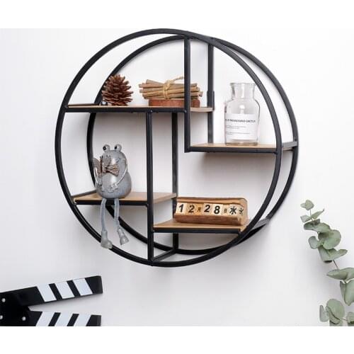 Large Metal Hang Wall Shelf Office Sundries Art Storage Retro Round Wooden Shelf Rack Home Wooden Decorative Craft Holder Rack