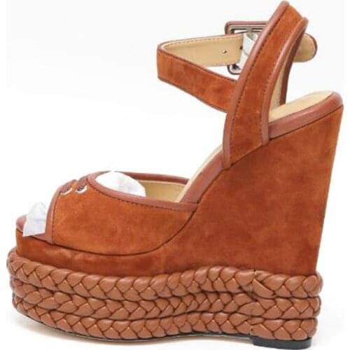 Fashion Brown Suede Platform Wedge Sandals Peep Toe Rope Braided Buckle Strap Summer Shoes Super High Party Dress Heels