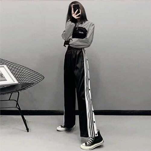 2021 spring summer Solid Wild Straight Wide Leg Pants Female Korean Joggers SweatPants black High Waist Side Stripe Casual Pants