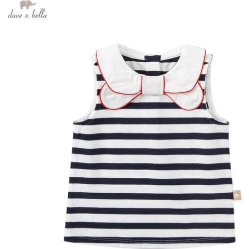 DB16833 dave bella summer baby girls cute bow striped print sleeveless T-shirt children tops girl kids fashion tees