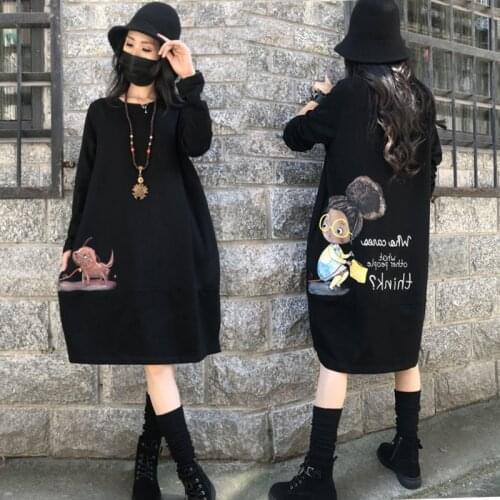 Autumn And Winter Velvet Thickened New Harajuku Cartoon Oversized Hoodies Women Casual Mid-length Streetwear Sweatshirt