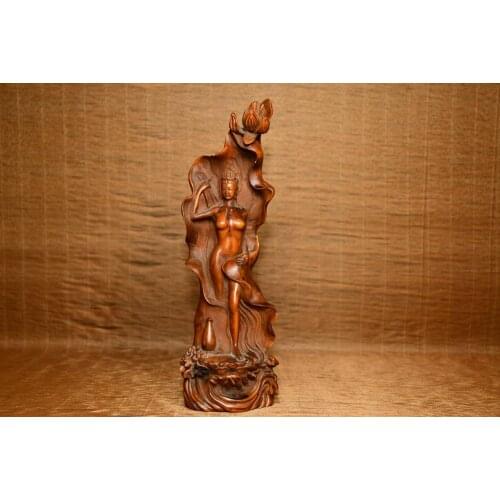 Home Decor 9" China Collection Old Boxwood Lotus Leaf Beauty Statue Girl classical model wood carving
