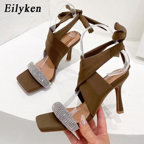 Eilyken Fashion Crystal Rhinestones Elastic Lace-up Sandals 2021 New Summer Square Toe Ankle Strap Thin High Heels Women Shoes
