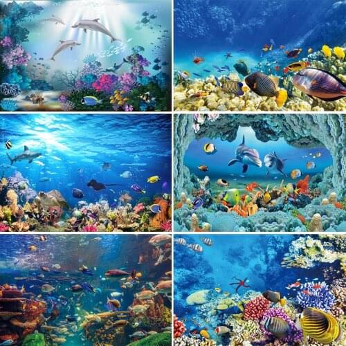 Laeacco Sea Fish Backgrounds For Photography Shark Cartoons Shell Coral Underwater Birthday Party Baby Child Photo Backdrops