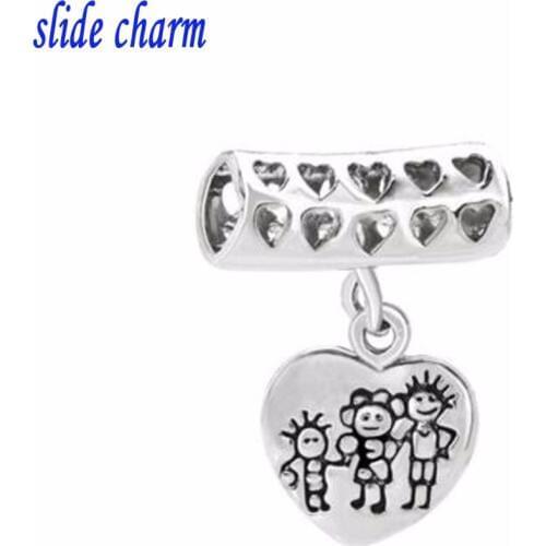 Slide charm wholesale Free shipping Happy Family Life Dangle Heart Charm Bracelet Love European Bead Charm 1
