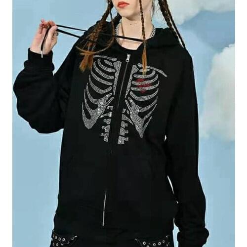 Hirigin Y2K Autumn Winter Hoodies Coats E-girl Harajuku Diamonds Skull Zip-up Sweatshirt Jackets Women Female Gothic Streetwear