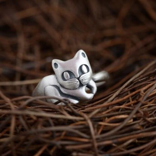 Sterling Silver Ring S990 Zuyin wholesale matte antique crafts jewelry Kawai cute female kitten