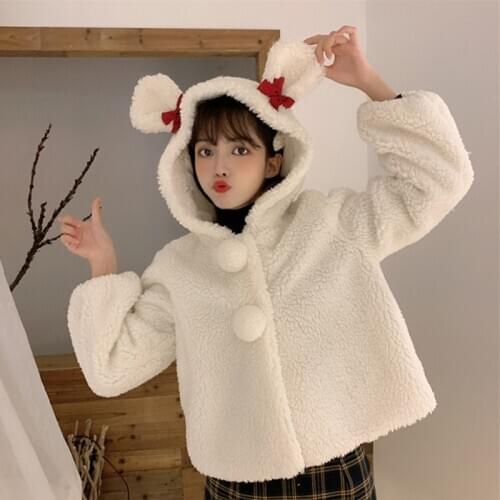 Korean student loose wild cute thick ear hooded short lamb fur coat female autumn and winter small