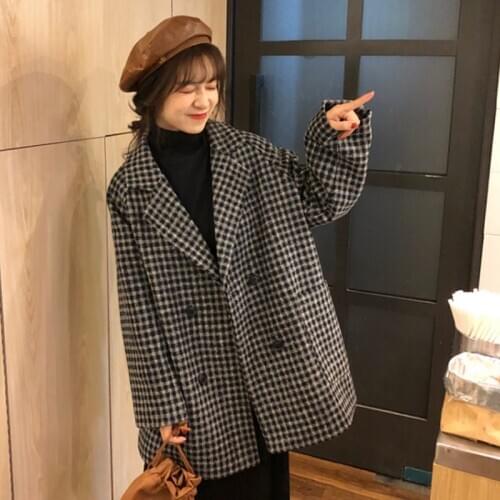 2020 Autumn New Loose Plaid Suit Jacket Turn Down Collar Mid-Length Coat