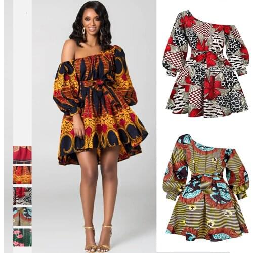 Summer one shoulder floral print pleated short dress Lantern sleeve sashes mini casual dress High waist plus size vintage dress