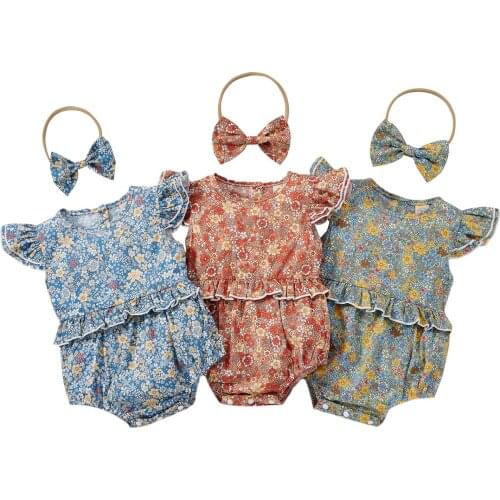 Citgeett Summer Infant Baby Girls Outfit Floral Ruffle Sleeves Bodysuit+ Bow Headband Clothes 0-18Months