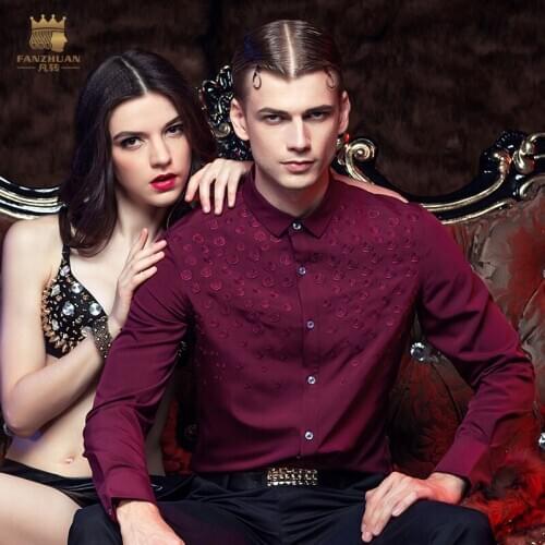 FANZHUAN Free Shipping New casual male mens personality business embroidered floral party red slim long sleeved shirt 612155