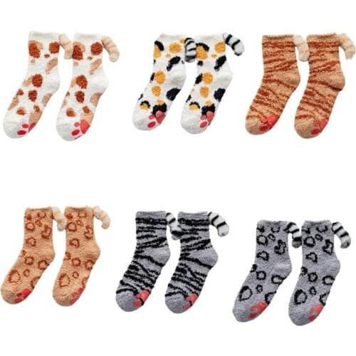 MXMA Women Cute Cat Paw Fuzzy Slipper Socks with Grippers 3D Plush Tail Warm Hosiery