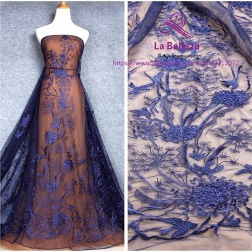 La Belleza new fashion navy blue polyester on mesh embroidery lace fabric 1 yard