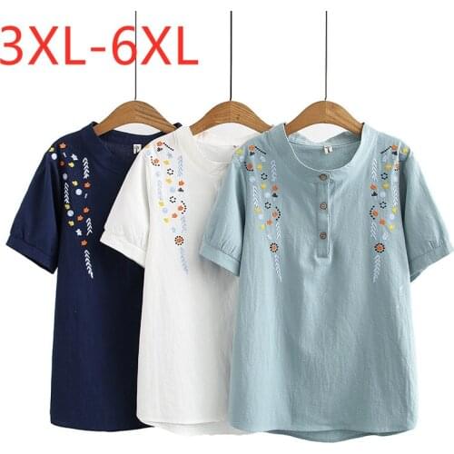 New 2021 Ladies Summer Plus Size Tops For Women Large Short Sleeve Loose Cotton Linen Blue Floral O-neck T-Shirt 3XL 4XL 5XL 6XL