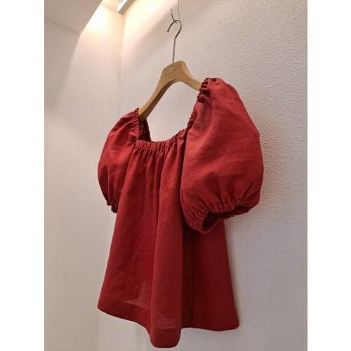 Solid Women Blouse Summer Sweet Style Square Collar Puff Sleeved Loose Elegant Female Clothing Top Quality