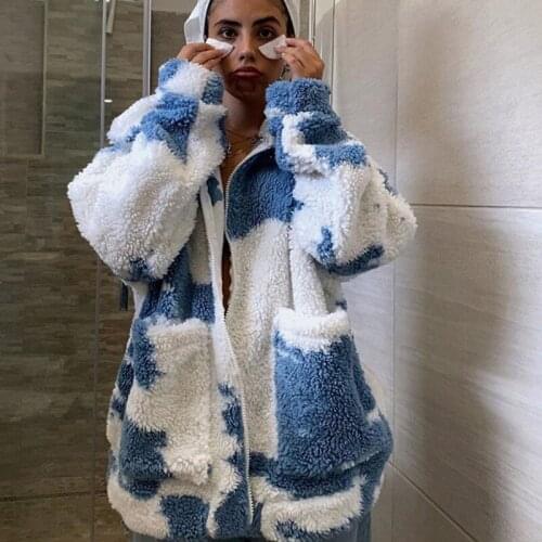 Sexy Lamb Wool Women Coat 2021 Winter Zipper Pocket Turn-down Collar Long Sleeve Cardigan Cotton Coats Casual Slim Tie Dye Coat