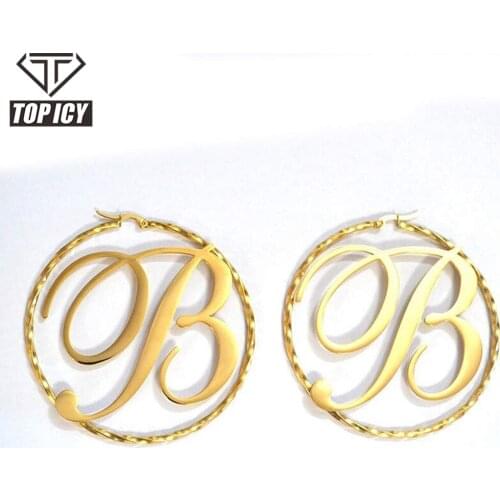 Personalized Big Letter Custom Name Brass Made Twist Circle Earring Huge Name plate Earrings Circle Hoops