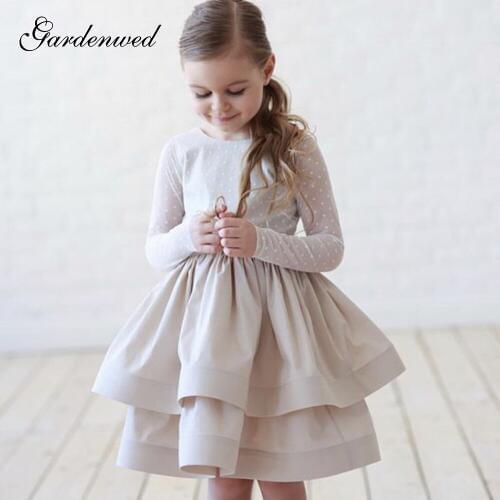 Gardenwed Puffy Polka Dot Flower Girl Dresses Lace Double Layers Girl Prom Dresses Kids Backless Bow Cap Girl Wedding Dress