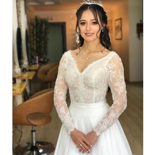 Elegant A Line Wedding Dress V-Neck Appliques Sequined Full Sleeve Bridal Gowns Chiffon Gorgeous Long Sweep Train Bride Dresses