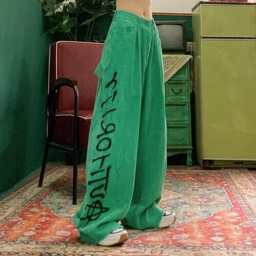 Street hip hop retro corduroy letter print loose big legs dad pants men and women trend Trousers