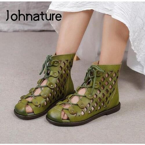 Johnature Retro Platform Sandals Women Shoes 2021 New Genuine Leather Summer Lace-Up Flat With Handmade Hollow Ladies Sandals