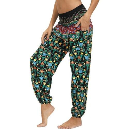 Womens Boho Print Loosed Harem Pants, Hippie Palazzo Baggy Gypsy Indian Lounge Yoga Pants With 2Pockets