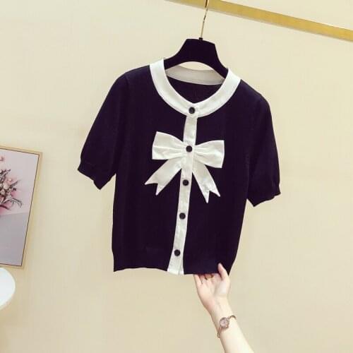 2021Fashion O collar Bow stitching sweater bottoming shirt womens thin pullover summer Ice silk Short sleeve Cardigan