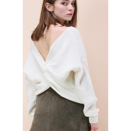 4 Colors V Neck Twisted Back Sweater Women Jumpers Autumn Pullovers Casual Tops Long Sleeve Knitted Sweaters Pull Femme