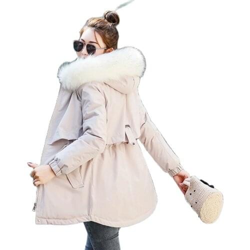 Women Winter Hooded Faux Fur Collar Drawstring Big Pocket Coat Puffer Jacket Cotton Padded Parkas Warm Outwear Overcoat