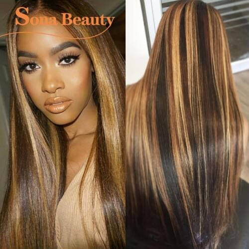 13X4 Highlight Wig Human Hair Pre plucked Brazilian Remy Piano Color Lace Front Wigs for Black Women
