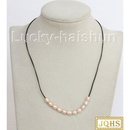 17" 8mm rice pink freshwater pearls Beaded Black leather necklace j10759