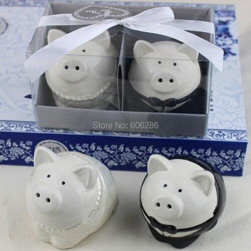 2pcs/lot=1box porcelain white pig couple salt and pepper shaker wedding shower party door gifts favors souvenirs