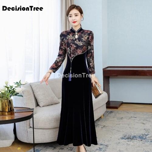 2021 woman cheongsam chinese style dress vintage rayon traditional chinese velvet dresses evening party gowns oriental dress