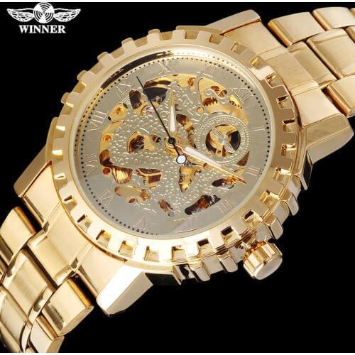 WINNER famous brand men mechanical automatic gold watches male skeleton steel fashion wristwatches dragon dial Relogio Masculino