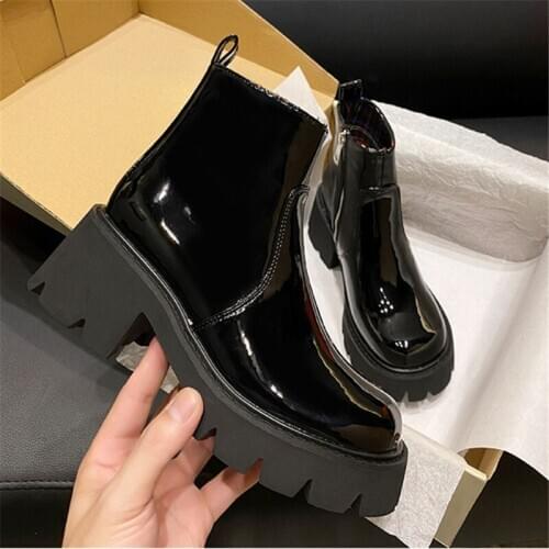 Black Patent Leather Women Ankle Boots Thick Sole Short Booties Female Chunky Heel Platform Autumn Shoes Woman Knight Boots