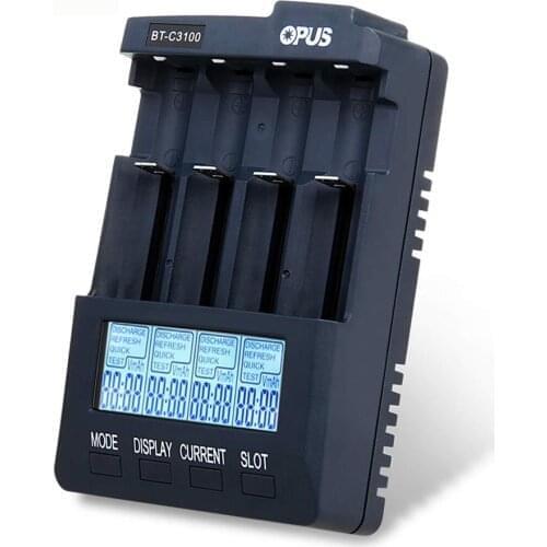 Opus BT-C3100 V2.2 Digital Intelligent 4 Slots LCD Battery Charger For 18650 AA/AAA Lithium-Ion Ni-MH NiCd Batteries EU Plug