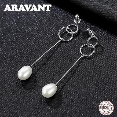 925 Sterling Silver Round Circle Pearl Long Earrings Bridal Wedding Pearl Jewelry Women Pearl Drop Earrings