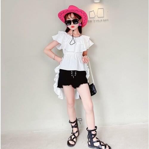 Girls 2021 Summer New Korean Fashion Big Childrens Irregular Ruffled White Childrens Dovetail Dress Kids Dresses for Girls